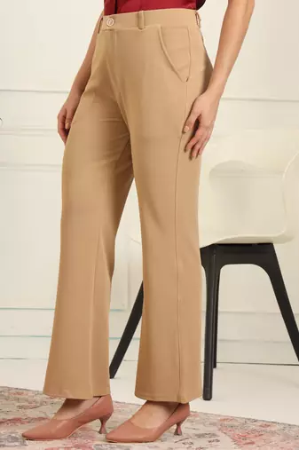 Women solid beige regular fit mid-rise flat front trousers