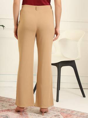 Women solid beige regular fit mid-rise flat front trousers 5