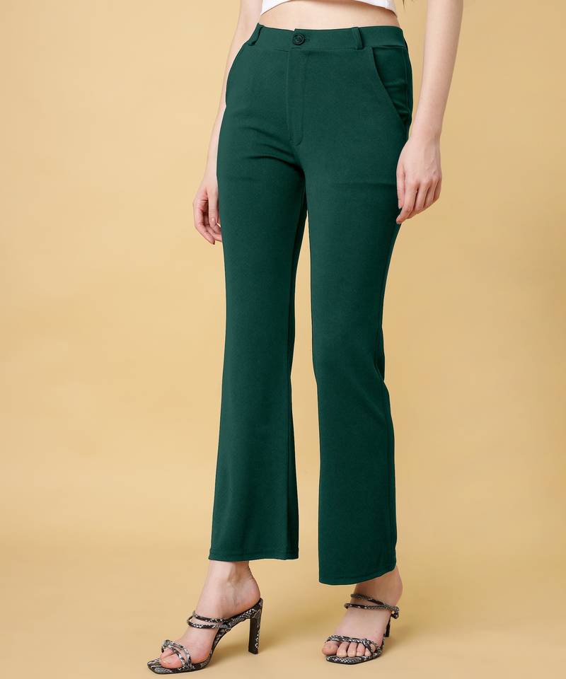 Women solid green regular fit mid-rise flat front trousers