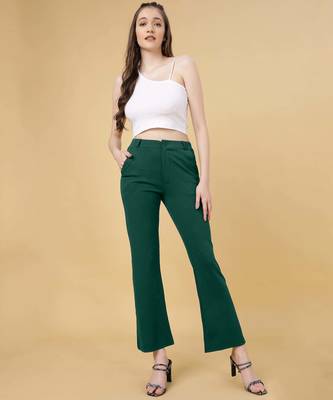 Women solid green regular fit mid-rise flat front trousers 2