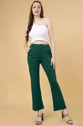 Women solid green regular fit mid-rise flat front trousers