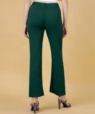 Women solid green regular fit mid-rise flat front trousers 5