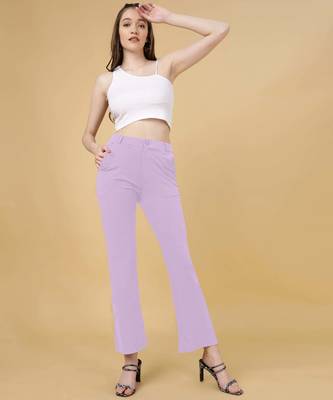 Women solid lavender regular fit mid-rise flat front trousers 2