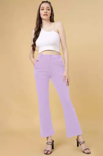 Women solid lavender regular fit mid-rise flat front trousers