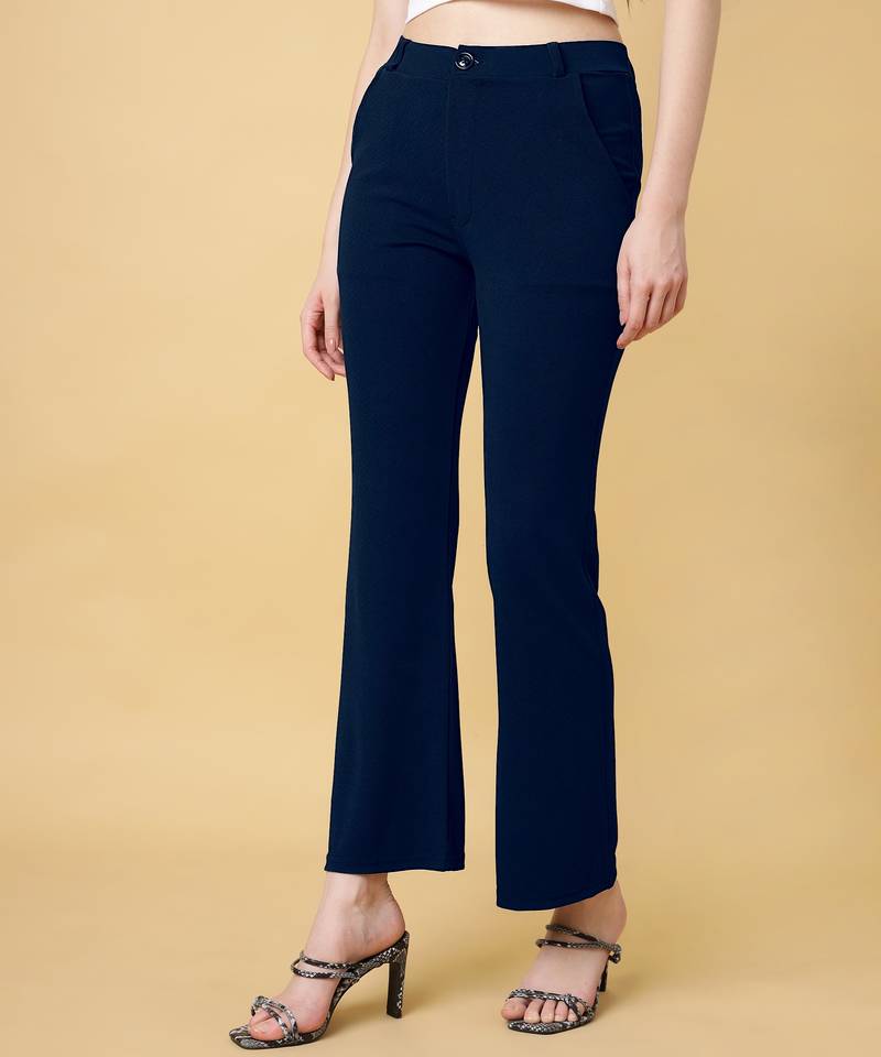 Women solid navy blue regular fit mid-rise flat front trousers