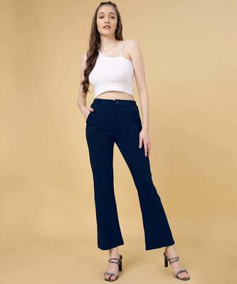 Women solid navy blue regular fit mid-rise flat front trousers 2