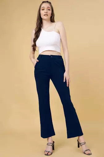 Women solid navy blue regular fit mid-rise flat front trousers