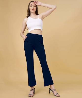 Women solid navy blue regular fit mid-rise flat front trousers 4