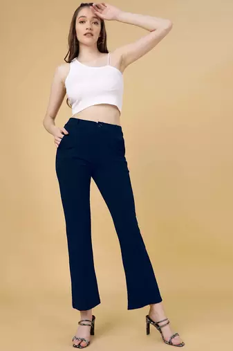 Women solid navy blue regular fit mid-rise flat front trousers