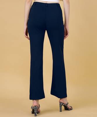 Women solid navy blue regular fit mid-rise flat front trousers 5