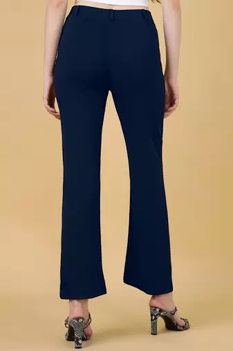 Women solid navy blue regular fit mid-rise flat front trousers