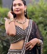 Black zari embroidered mirror work organza lehenga choli For Women's