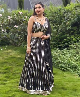 Black zari embroidered mirror work organza lehenga choli For Women's 1