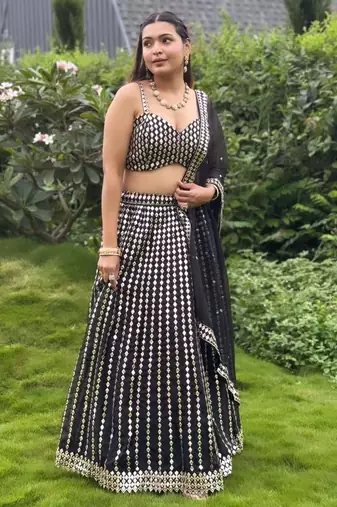 Black zari embroidered mirror work organza lehenga choli For Women's