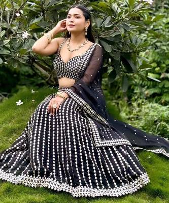 Black zari embroidered mirror work organza lehenga choli For Women's 3