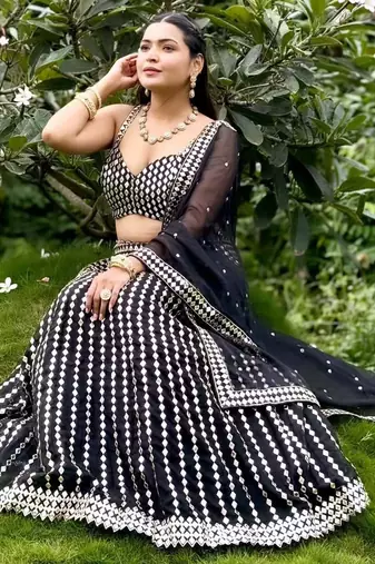 Black zari embroidered mirror work organza lehenga choli For Women's