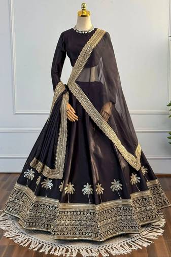 Black Dori & Zari Embroidered Silk Lehenga Choli with Dupatta