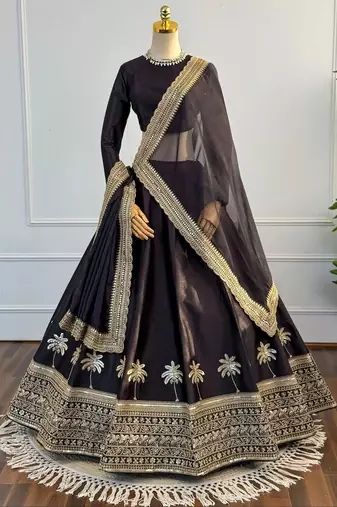 Black Dori & Zari Embroidered Silk Lehenga Choli with Dupatta