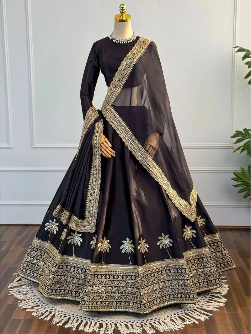 Black Dori & Zari Embroidered Silk Lehenga Choli with Dupatta