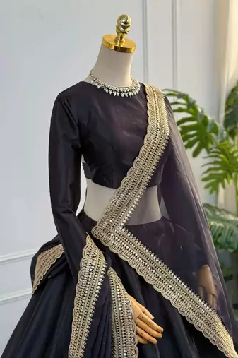 Black Dori & Zari Embroidered Silk Lehenga Choli with Dupatta