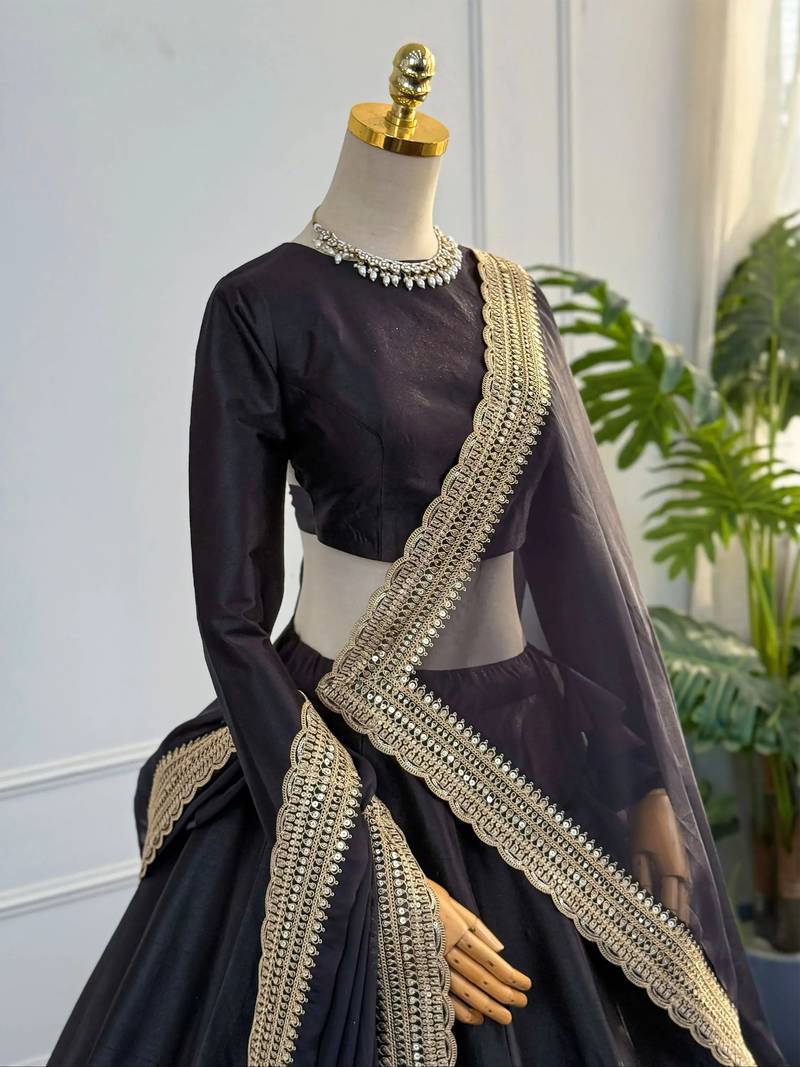 Black Dori & Zari Embroidered Silk Lehenga Choli with Dupatta