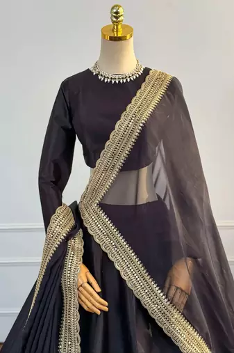 Black Dori & Zari Embroidered Silk Lehenga Choli with Dupatta