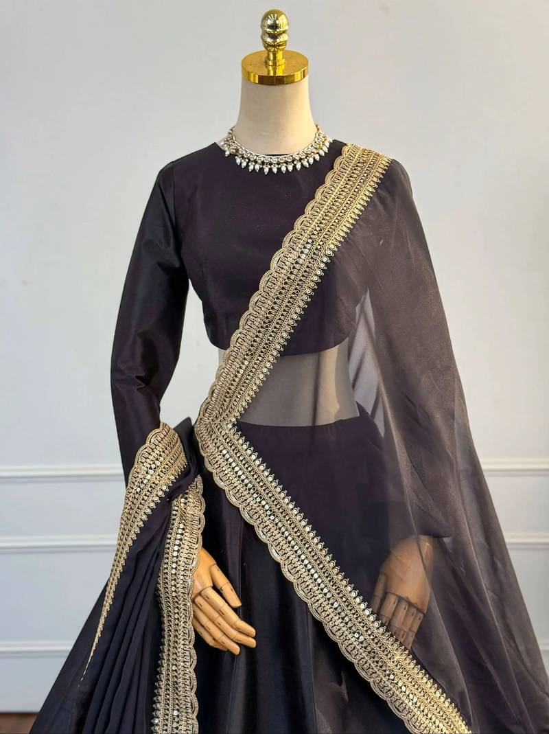 Black Dori & Zari Embroidered Silk Lehenga Choli with Dupatta