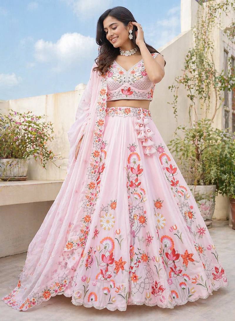 Pink Fendi Silk Embroidered Lehenga Choli with Dupatta | Thread & Sequence Work