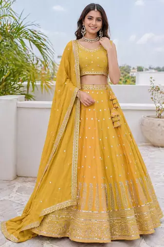 Mustard Yellow Fendi Silk A-Line Lehenga Choli with Dupatta | Embroidered Jari & Sequence Work