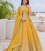 Mustard Yellow Fendi Silk A-Line Lehenga Choli with Dupatta | Embroidered Jari & Sequence Work