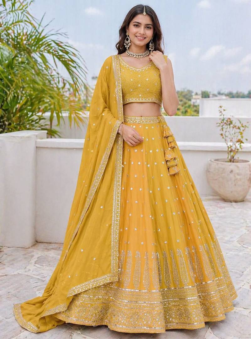 Mustard Yellow Fendi Silk A-Line Lehenga Choli with Dupatta | Embroidered Jari & Sequence Work