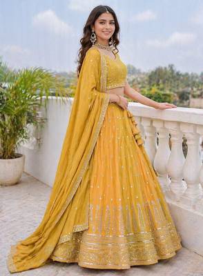 Mustard Yellow Fendi Silk A-Line Lehenga Choli with Dupatta | Embroidered Jari & Sequence Work 2
