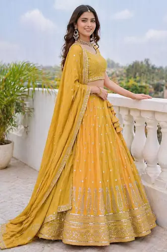 Mustard Yellow Fendi Silk A-Line Lehenga Choli with Dupatta | Embroidered Jari & Sequence Work