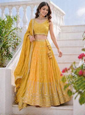 Mustard Yellow Fendi Silk A-Line Lehenga Choli with Dupatta | Embroidered Jari & Sequence Work 3