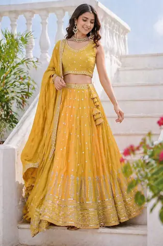 Mustard Yellow Fendi Silk A-Line Lehenga Choli with Dupatta | Embroidered Jari & Sequence Work