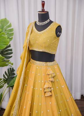 Mustard Yellow Fendi Silk A-Line Lehenga Choli with Dupatta | Embroidered Jari & Sequence Work 4
