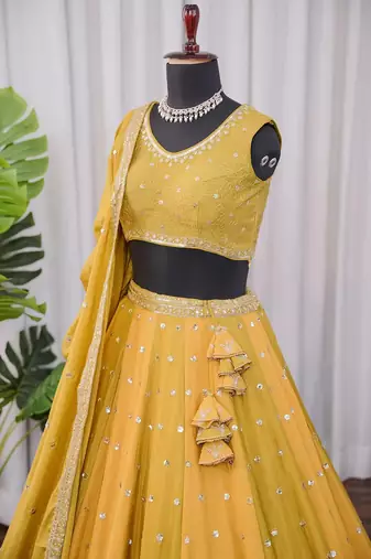 Mustard Yellow Fendi Silk A-Line Lehenga Choli with Dupatta | Embroidered Jari & Sequence Work