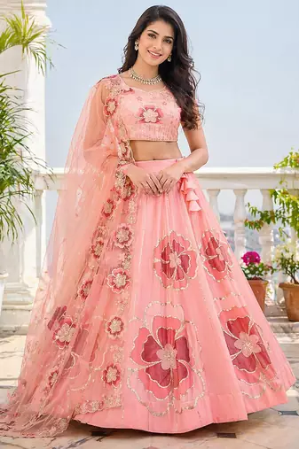 Peach Chinon Silk Floral Embroidered Lehenga Choli with Dupatta for Women | Festive Wedding We