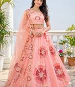 Peach Chinon Silk Floral Embroidered Lehenga Choli with Dupatta for Women | Festive Wedding We