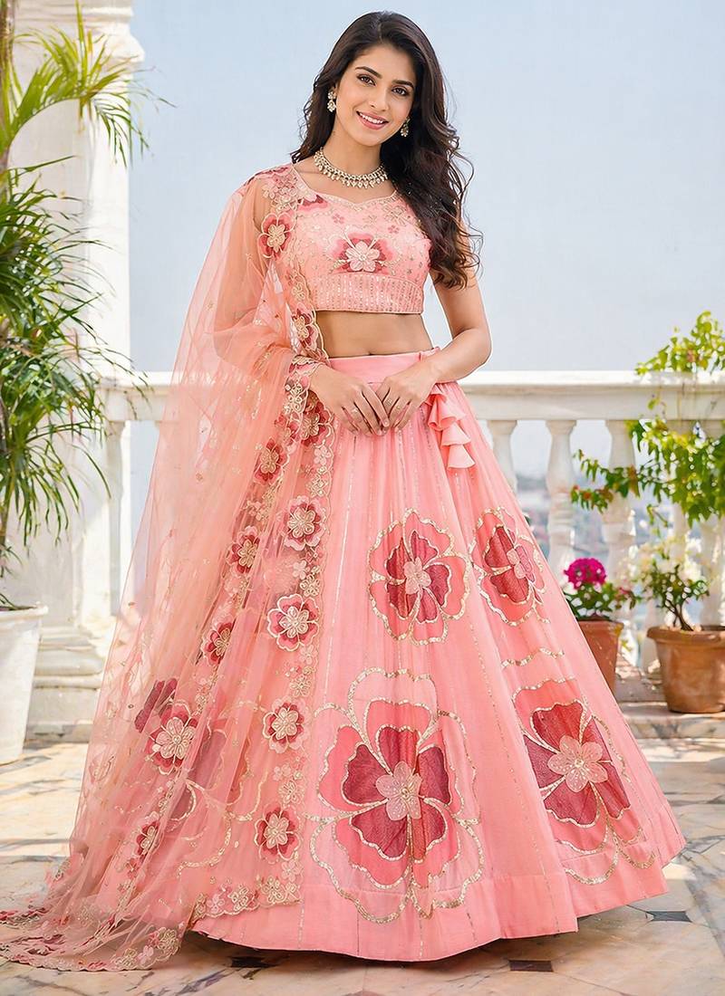 Peach Chinon Silk Floral Embroidered Lehenga Choli with Dupatta for Women | Festive Wedding We
