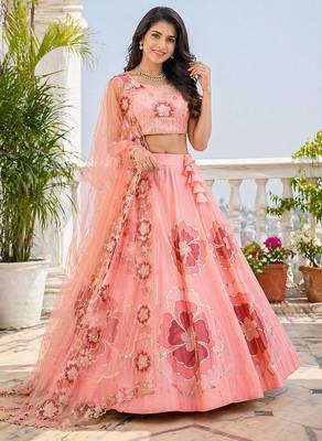 Peach Chinon Silk Floral Embroidered Lehenga Choli with Dupatta for Women | Festive Wedding We 2