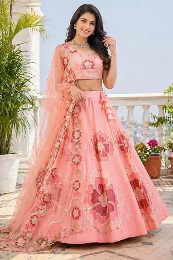 Peach Chinon Silk Floral Embroidered Lehenga Choli with Dupatta for Women | Festive Wedding We