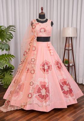 Peach Chinon Silk Floral Embroidered Lehenga Choli with Dupatta for Women | Festive Wedding We 3