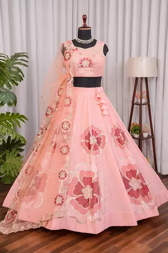 Peach Chinon Silk Floral Embroidered Lehenga Choli with Dupatta for Women | Festive Wedding We