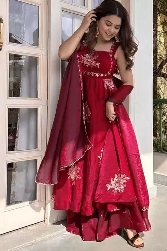 Maroon Fendy Silk Flared Gown Sharara Set with Sequence Embroidery & Dupatta