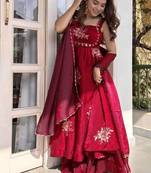 Maroon Fendy Silk Flared Gown Sharara Set with Sequence Embroidery & Dupatta