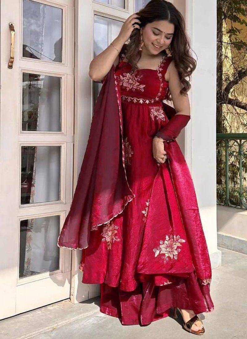 Maroon Fendy Silk Flared Gown Sharara Set with Sequence Embroidery & Dupatta