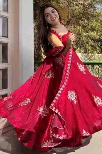 Maroon Fendy Silk Flared Gown Sharara Set with Sequence Embroidery & Dupatta