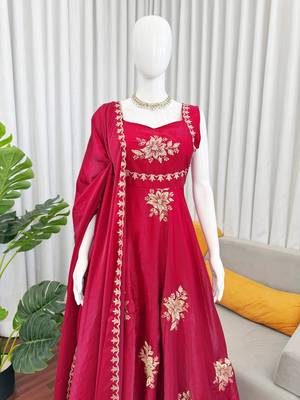 Maroon Fendy Silk Flared Gown Sharara Set with Sequence Embroidery & Dupatta 3