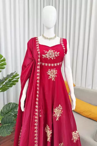 Maroon Fendy Silk Flared Gown Sharara Set with Sequence Embroidery & Dupatta